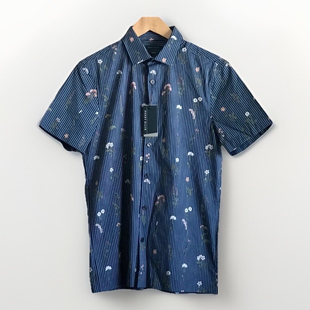 Perry Ellis Men's Blue Floral Print Stretch Shirt – Size Small NWT